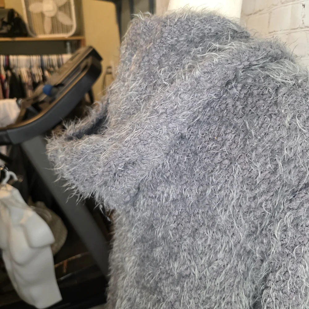 Military Hippie Gray Shaggy‎ Hooded Cardigan Sweater Fuzzy Boho Jacket L/XL